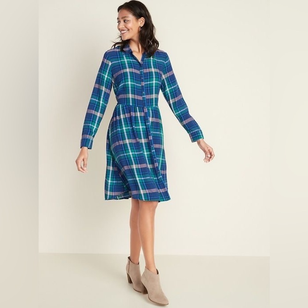 COPY - COPY - Long sleeved blue and green plaid shirt dress